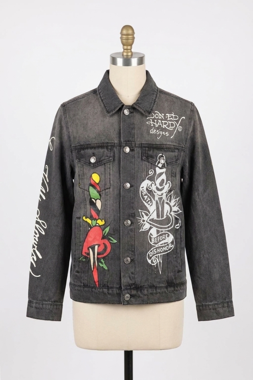 NEW ED HARDY unisex heart wings denim jacket in dark grey